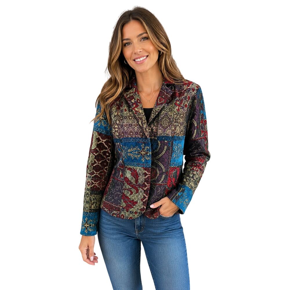 ELCC PS PETITE S patchwork twill 1 button front shaket blazer colorful aztec EUC